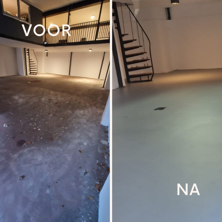 Vergelijking voor en na van een vloerrenovatieproject waarbij links een rommelige, onafgewerkte ruimte te zien is en rechts de ruimte met een nieuwe, gladde, grijze gietvloer.